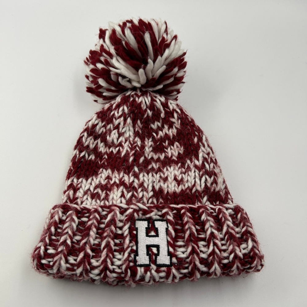 Harvard  Academia Maroon White Chunky Knit‎ Pom Beanie Winter Hat